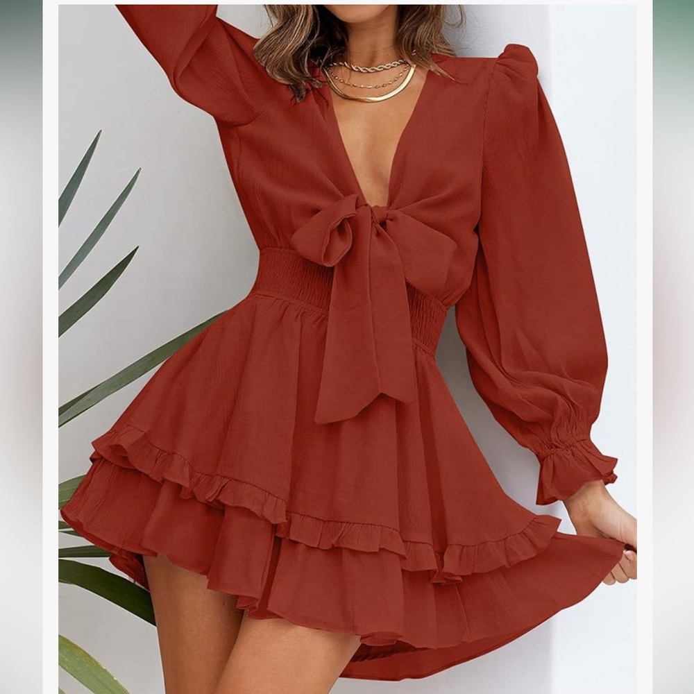 ZESICA Women's Sexy Deep V Neck Knot Front Long Sleeve Dress